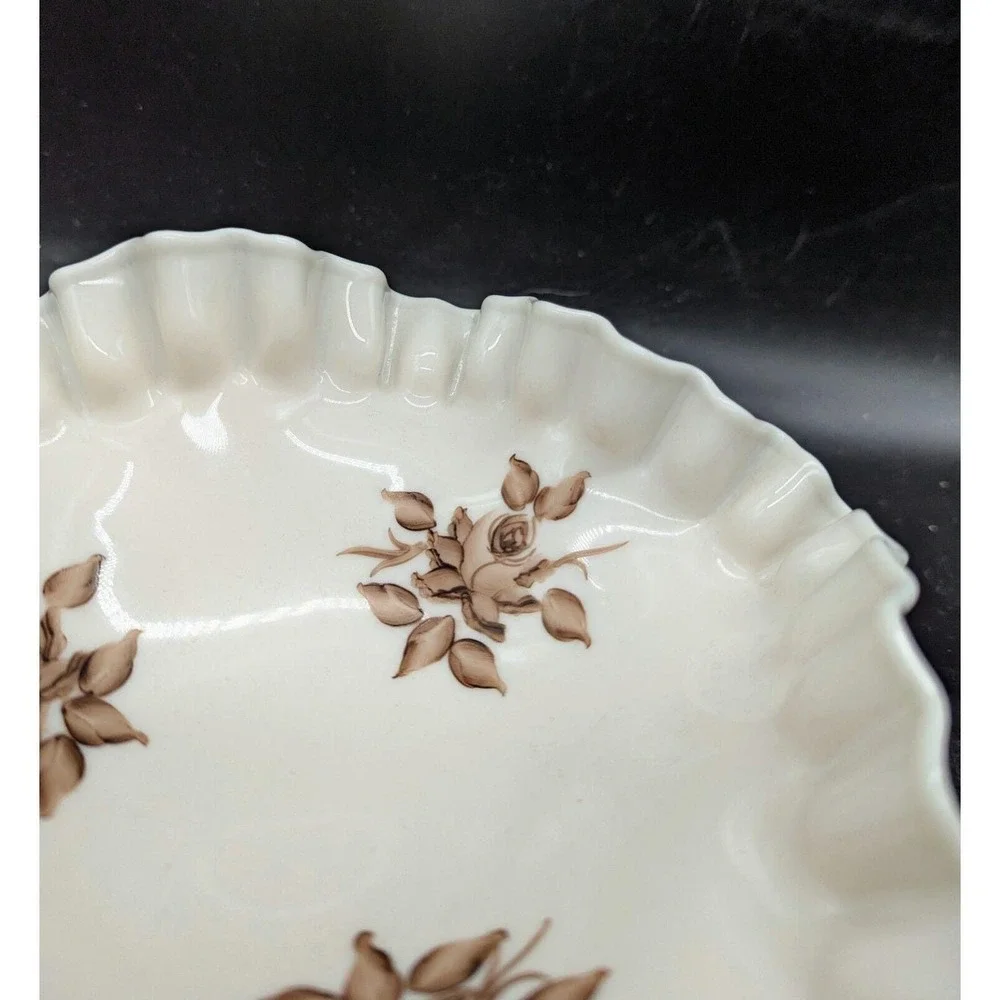 Vintage Fenton Beige & Brown flowers Hand-Painted Candy Dish Bowl Footed 8